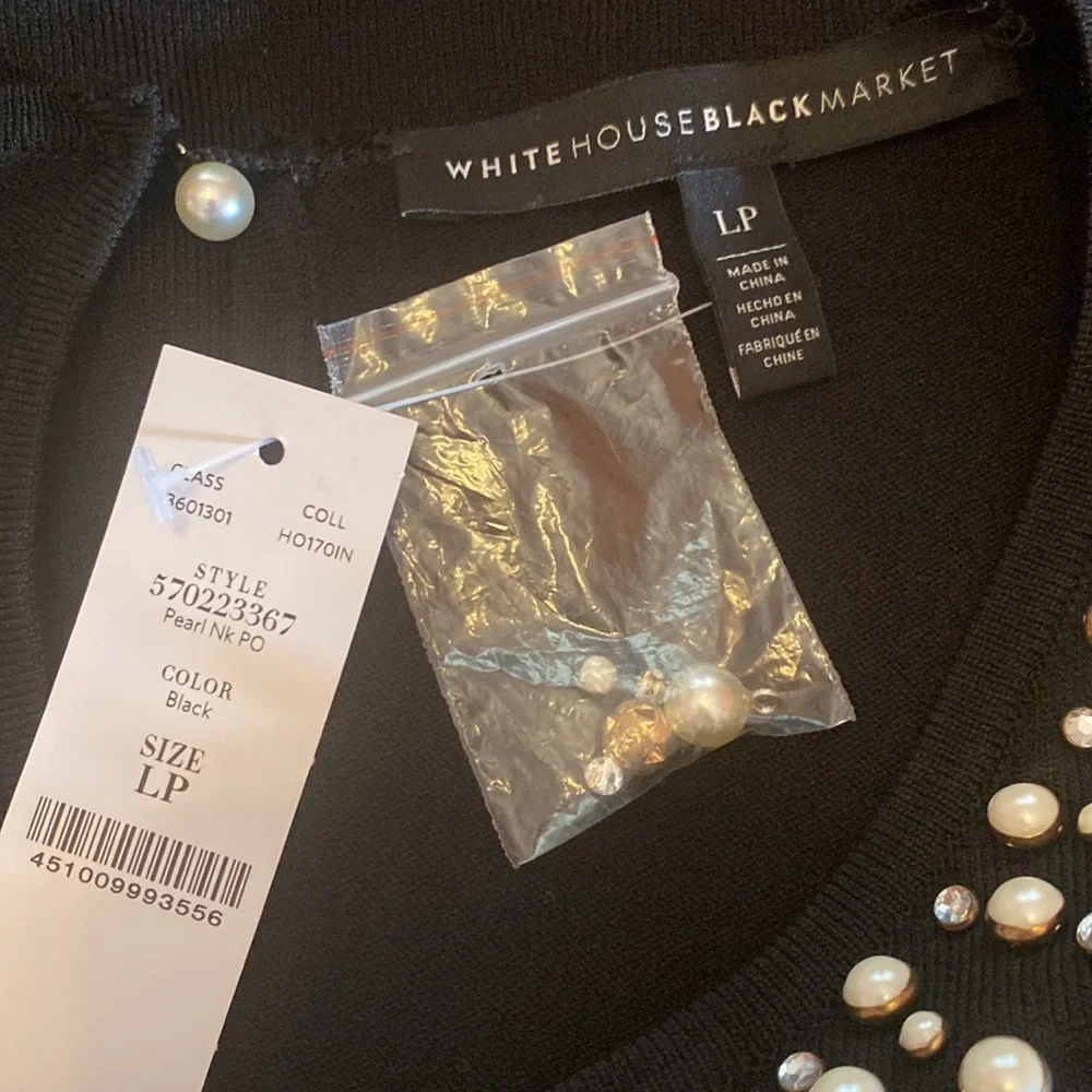 NWT White House Black Market Faux Pearl sparkle Neck LP pullover black sweater